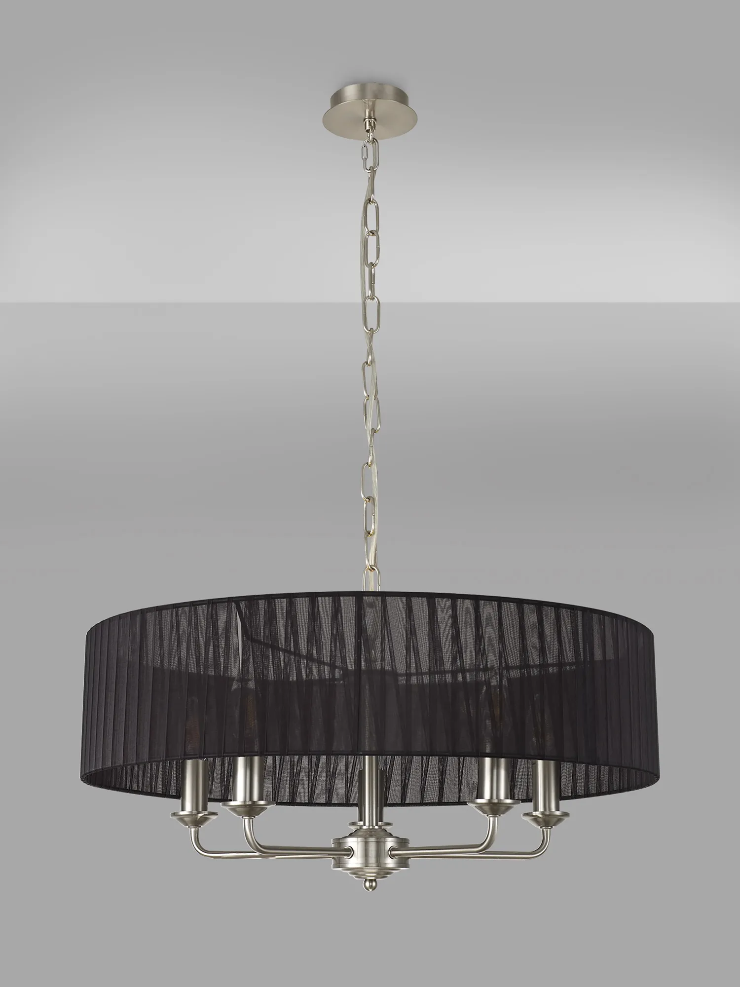 Banyan 5 Light Multi Arm Pendant With 60cm x 15cm Organza Shade Satin Nickel/Black DK0876  Deco Banyan SN BL